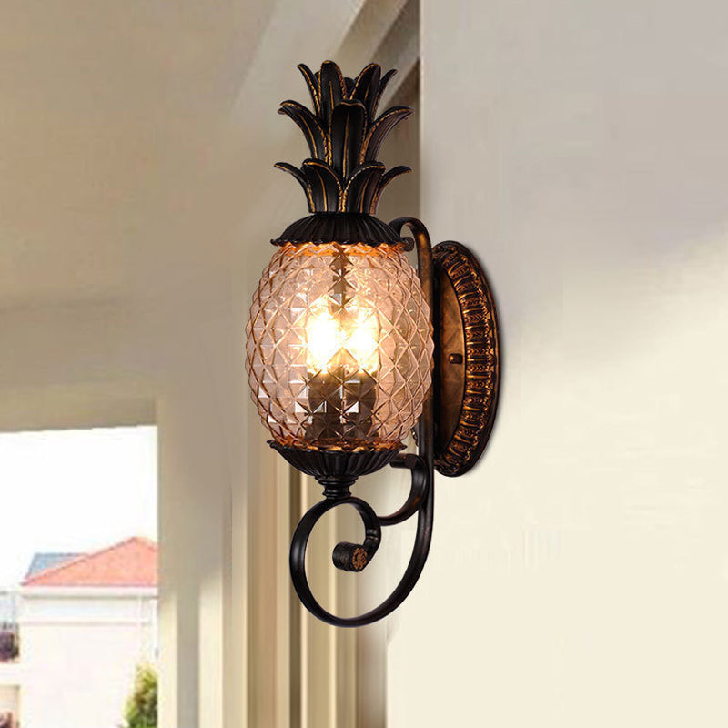 Taavita Antique Pineapple Wall Mount Light 1-Bulb Smoke Gray Ribbed Glass Wall Lamp in Brass for Outdoor Use