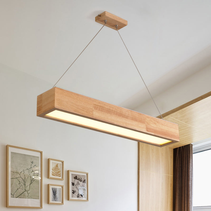 Modern Beige Linear LED Pendant Light 1-Head Wooden Hanging Ceiling Lamp in Warm/White Light, 23.5"/35.5"/47" Wide