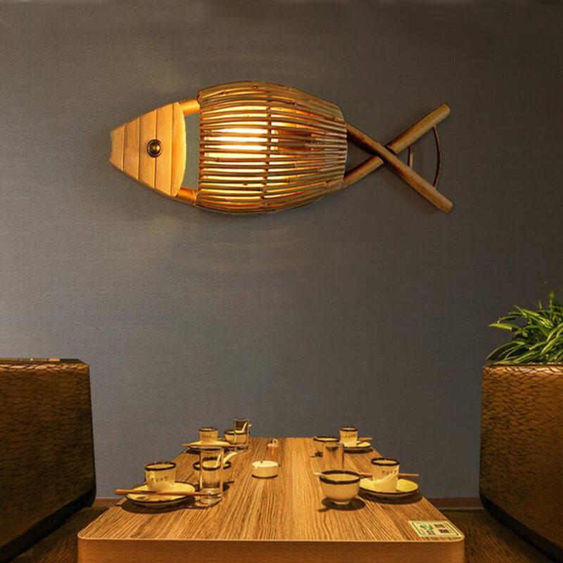 Taavita Fish Shaped Bamboo Weaving 1-Light Wall Sconce Lamp