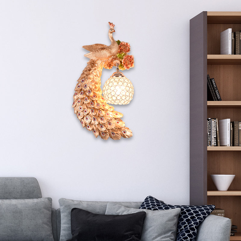 Double/Right/Left Peacock Wall Sconce Loft Style Metal 8"/10" W 1 Bulb Wall Lighting with Dome Crystal Shade in White/Gold Clearhalo 'Wall Lamps & Sconces' 'Wall Lights' Lighting' 156142