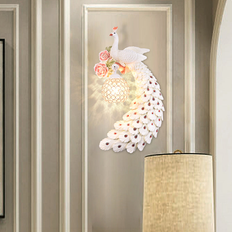 Double/Right/Left Peacock Wall Sconce Loft Style Metal 8"/10" W 1 Bulb Wall Lighting with Dome Crystal Shade in White/Gold Clearhalo 'Wall Lamps & Sconces' 'Wall Lights' Lighting' 156143