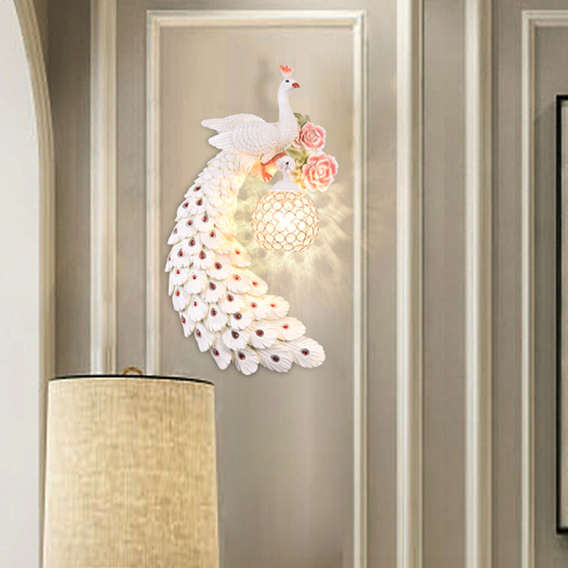 Double/Right/Left Peacock Wall Sconce Loft Style Metal 8"/10" W 1 Bulb Wall Lighting with Dome Crystal Shade in White/Gold Clearhalo 'Wall Lamps & Sconces' 'Wall Lights' Lighting' 156145