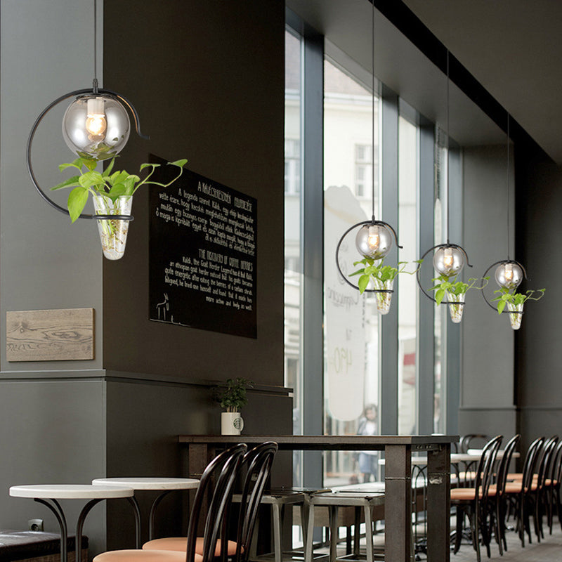 Industrial Globe Metal Hanging Pendant Light - 1 Bulb Milk White/Smoke Grey Glass LED Suspension in Black/Gold