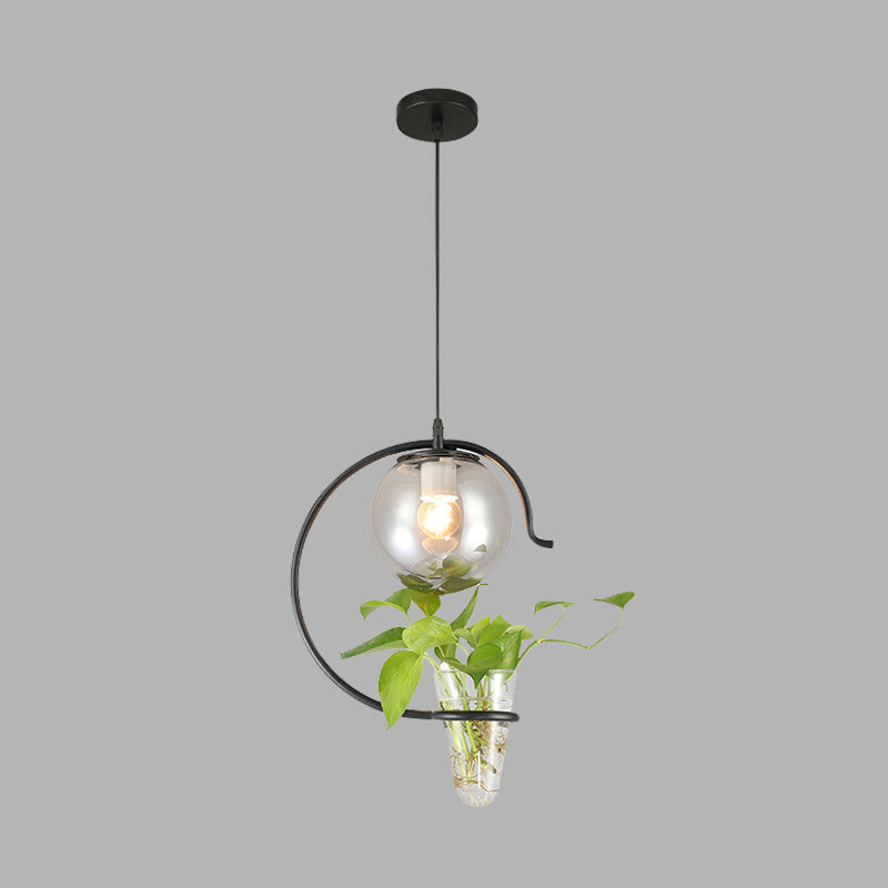 Industrial Globe Metal Hanging Pendant Light - 1 Bulb Milk White/Smoke Grey Glass LED Suspension in Black/Gold