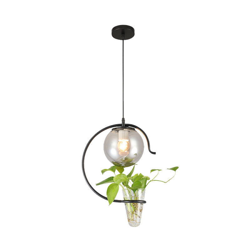 Industrial Globe Metal Hanging Pendant Light - 1 Bulb Milk White/Smoke Grey Glass LED Suspension in Black/Gold