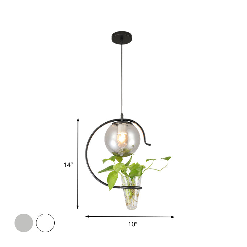 Industrial Globe Metal Hanging Pendant Light - 1 Bulb Milk White/Smoke Grey Glass LED Suspension in Black/Gold