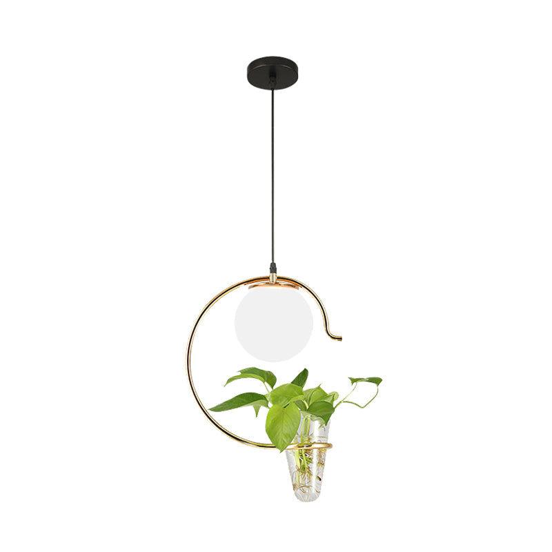 Industrial Globe Metal Hanging Pendant Light - 1 Bulb Milk White/Smoke Grey Glass LED Suspension in Black/Gold