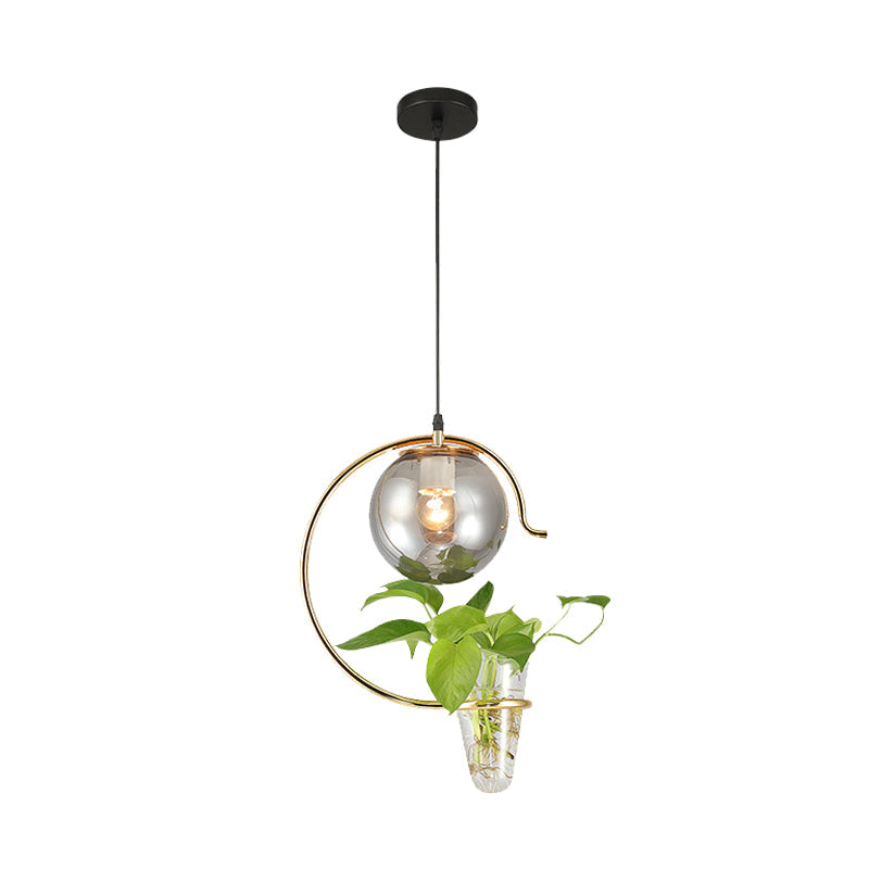 Industrial Globe Metal Hanging Pendant Light - 1 Bulb Milk White/Smoke Grey Glass LED Suspension in Black/Gold