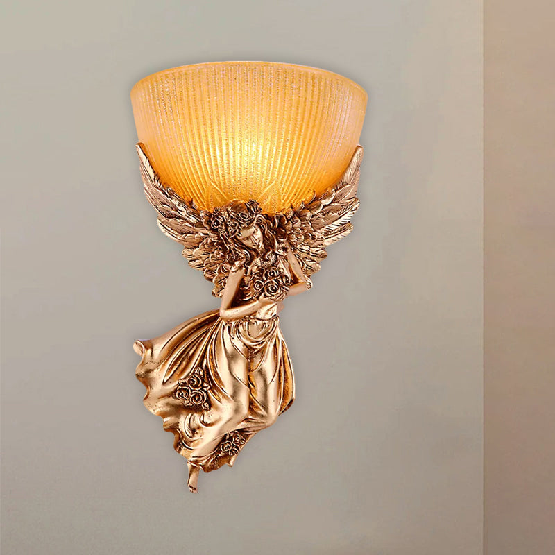 Single Bulb Angel Sconce Light Countryside Gold Resin Wall Mounted Lamp with Amber Fluted Glass Shade, Right Clearhalo 'Wall Lamps & Sconces' 'Wall Lights' Lighting' 1623438