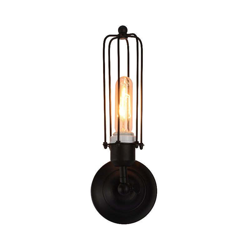 1/2-Bulb Linear Cage Light Industrial Black/Rust Metal Wall Lamp for Living Room by Taavita