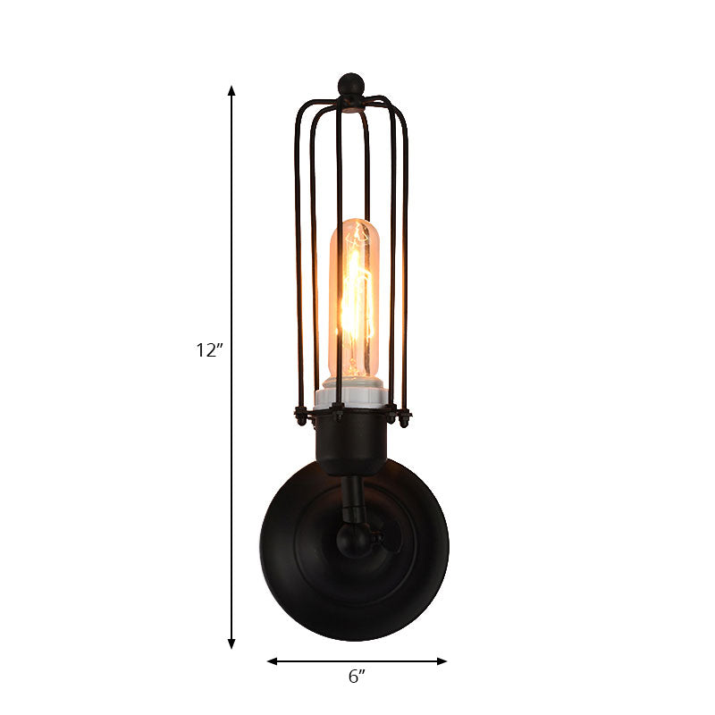 1/2-Bulb Linear Cage Light Industrial Black/Rust Metal Wall Lamp for Living Room by Taavita