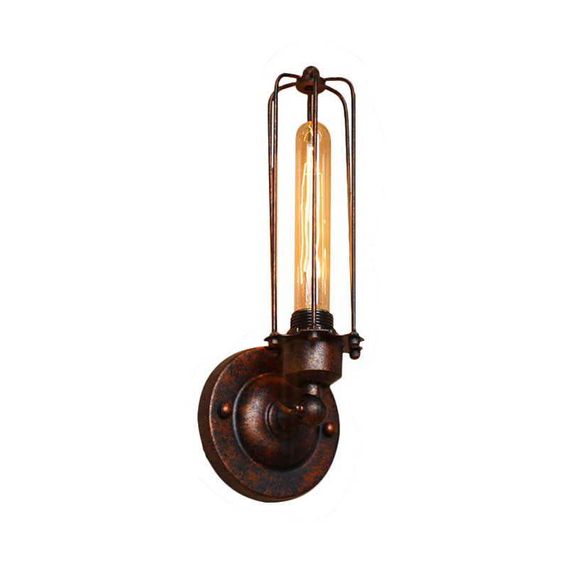 1/2-Bulb Linear Cage Light Industrial Black/Rust Metal Wall Lamp for Living Room by Taavita