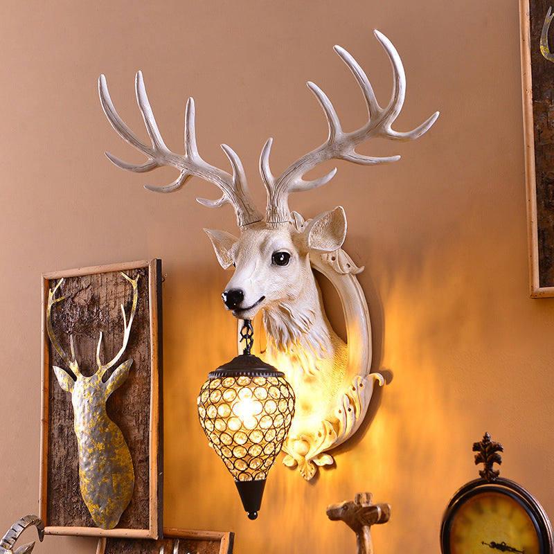 Deer Head Living Room Sconce Light Farmhouse Resin Single Bulb White/Black-White/Black-Brown Wall Mounted Lamp with Ball Beveled Crystal Shade Clearhalo 'Wall Lamps & Sconces' 'Wall Lights' Lighting' 1688882