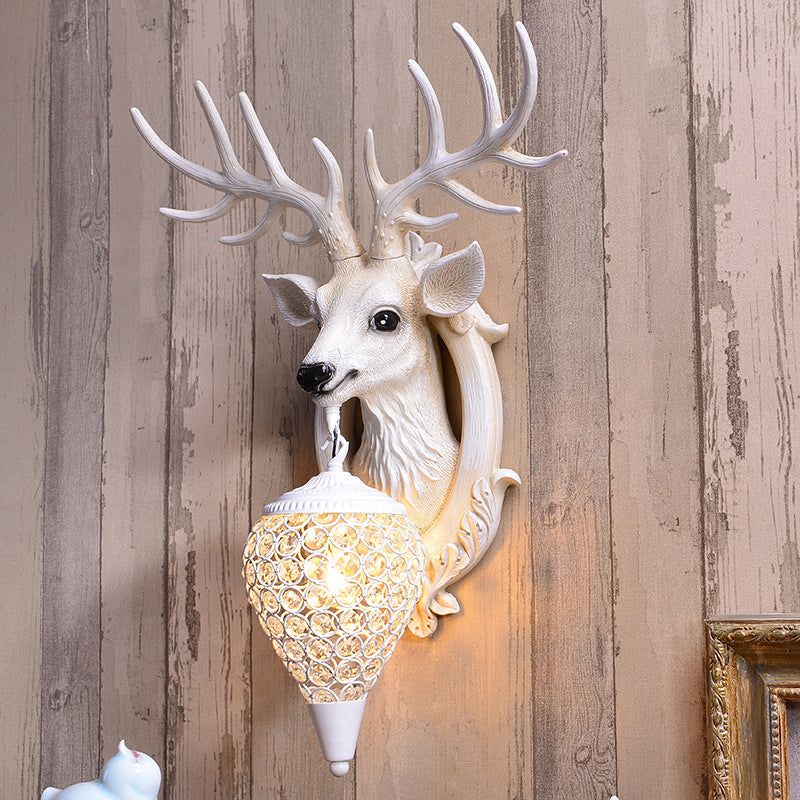 Deer Head Living Room Sconce Light Farmhouse Resin Single Bulb White/Black-White/Black-Brown Wall Mounted Lamp with Ball Beveled Crystal Shade Clearhalo 'Wall Lamps & Sconces' 'Wall Lights' Lighting' 1688886