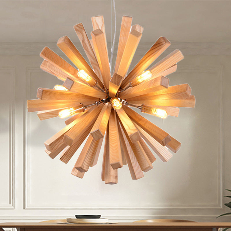 Starburst Chandelier Pendant Light Modernism Wood 14"/20.5"/28" Dia LED Beige Hanging Ceiling Light Wood Clearhalo 'Carpenter Chandeliers' 'Ceiling Lights' 'Chandeliers' 'Industrial' 'Modern Chandeliers' 'Modern' Lighting' 1719576