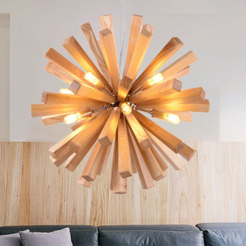 Starburst Chandelier Pendant Light Modernism Wood 14"/20.5"/28" Dia LED Beige Hanging Ceiling Light Clearhalo 'Carpenter Chandeliers' 'Ceiling Lights' 'Chandeliers' 'Industrial' 'Modern Chandeliers' 'Modern' Lighting' 1719577