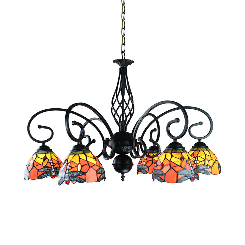 Taavita Dragonfly Ceiling Light with Curved Arm and Metal Chain 6/8 Heads Stained Glass Pendant Lighting