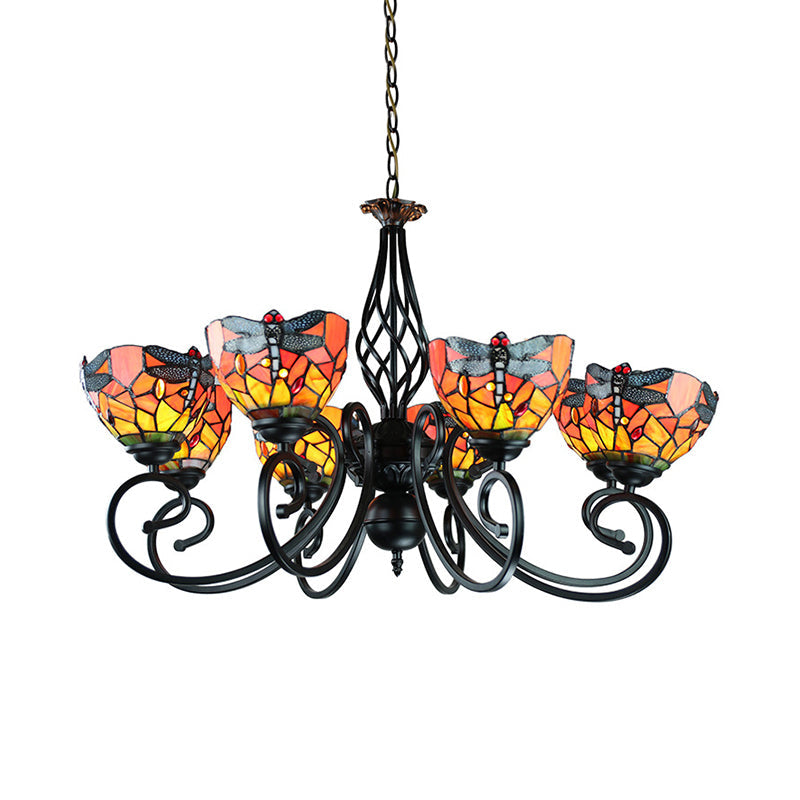 Taavita Dragonfly Ceiling Light with Curved Arm and Metal Chain 6/8 Heads Stained Glass Pendant Lighting