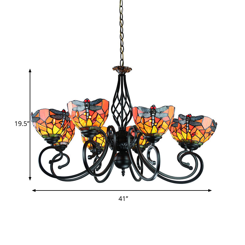 Taavita Dragonfly Ceiling Light with Curved Arm and Metal Chain 6/8 Heads Stained Glass Pendant Lighting