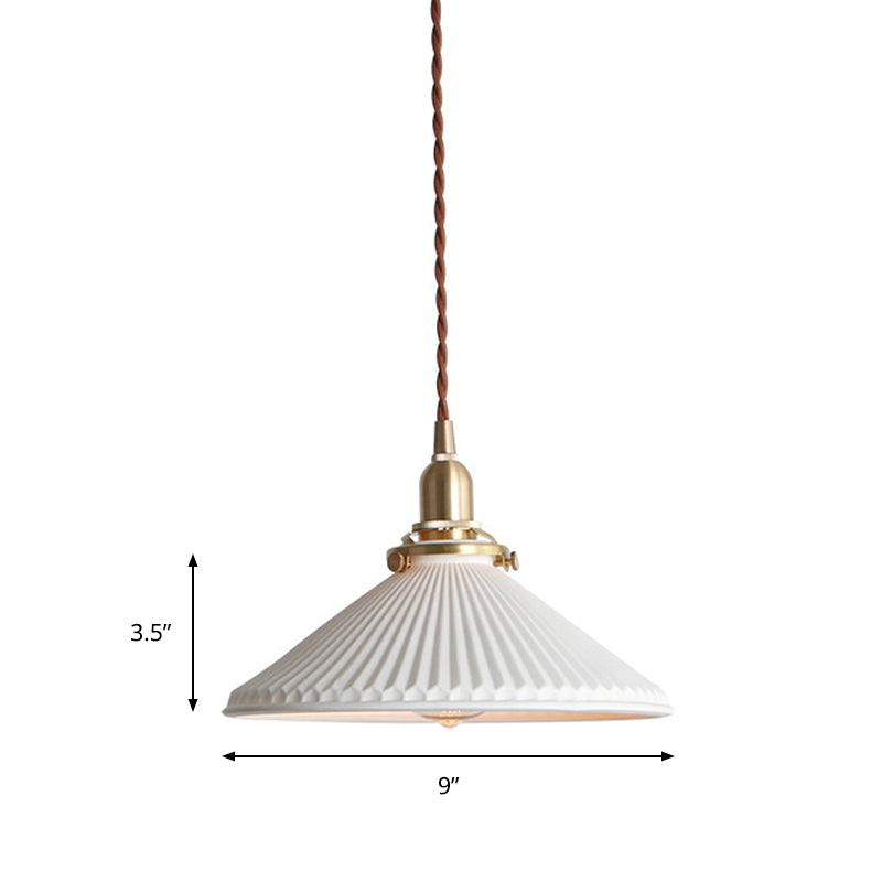 Ridged Cone Dining Room Pendant Light Ceramics 1 Light Simple Style Pendant Lamp in White Clearhalo 'Ceiling Lights' 'Modern Pendants' 'Modern' 'Pendant Lights' 'Pendants' Lighting' 183801