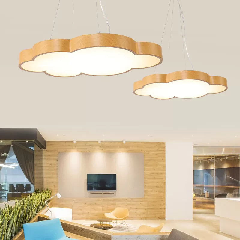 Kids Slim Cloud Pendant Light - Acrylic Hanging Light in Beige for Game Room - Wood Material, LED, Bulb Included, Available in 19", 23", 27" Sizes