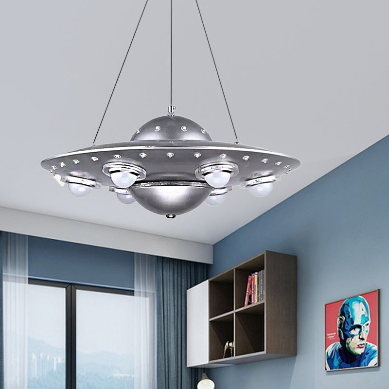 Taavita UFO Pendant Light Six Lights Creative Suspension Light in Silver for Boys' Bedroom – LED, 39 Watt, White Frosted Glass, 20-24 Inch Size.