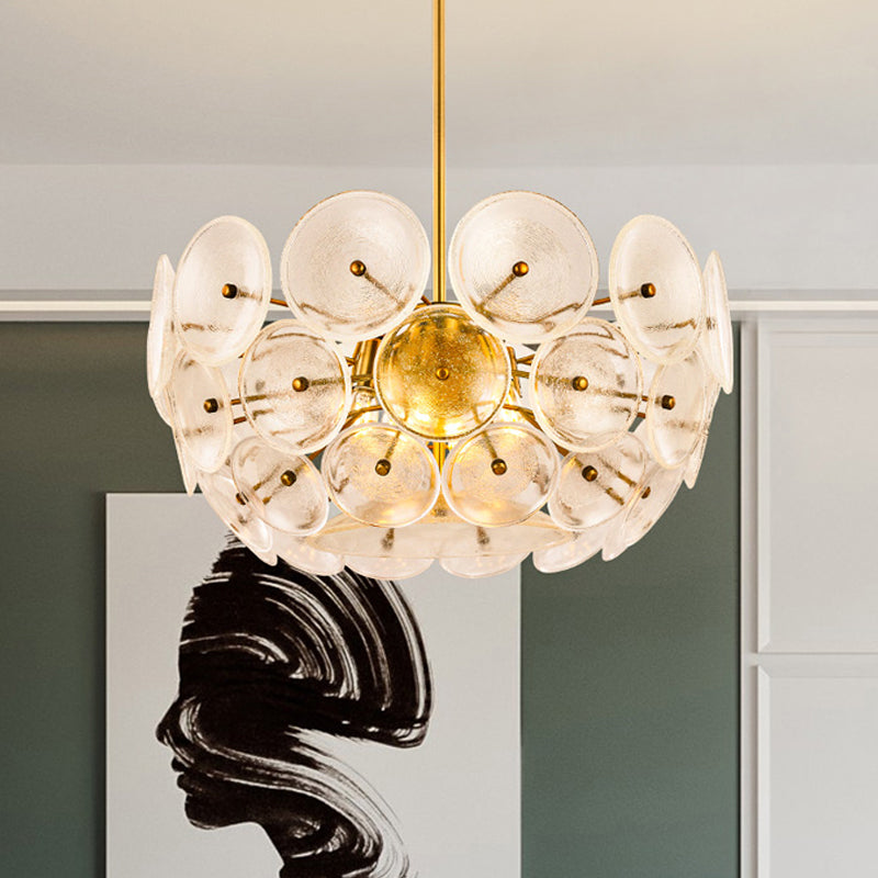 Clear Glass Disc Chandelier Lighting Triple Light Post Modern Hanging Lamp in Gold Finish Clearhalo 'Ceiling Lights' 'Chandeliers' 'Glass shade' 'Glass' 'Modern Chandeliers' 'Modern' 'Pendant Lights' Lighting' 1886139