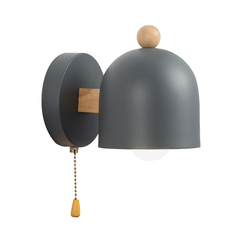 Taavita Small Dome Pull-Chain Wall Lamp Iron 1 Bulb Bedroom Wall Mount in Gray with Wood Details