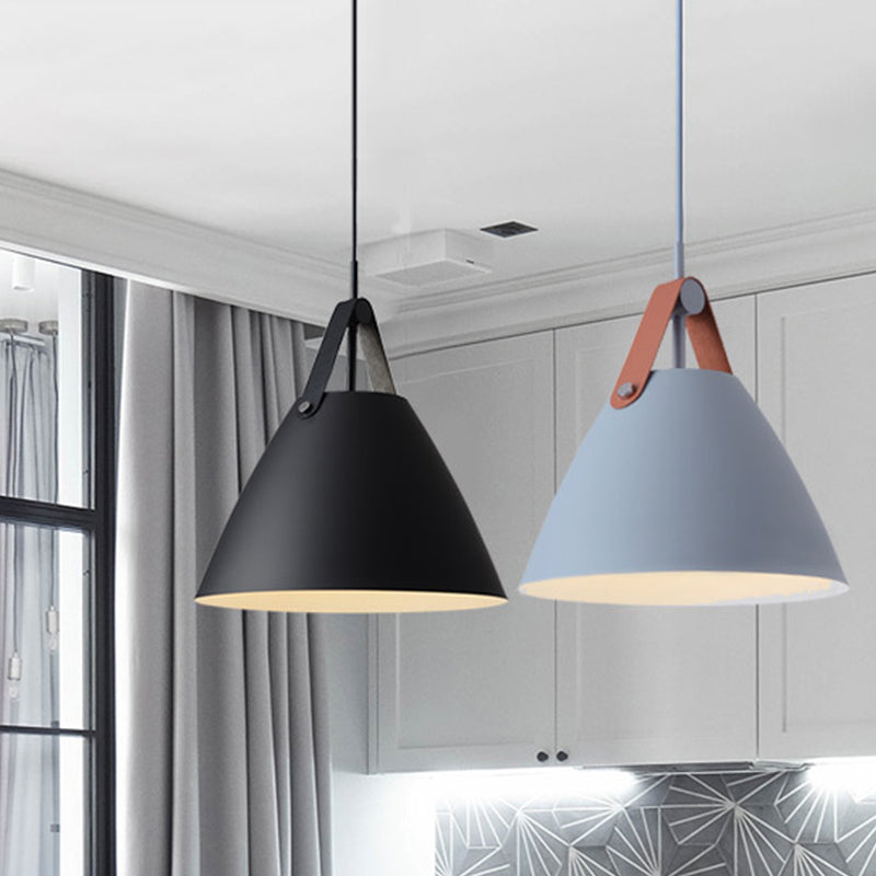 Taavita Pendulum Pendant Light Nordic 1-Light Black/Grey/White Suspension Lighting with Leather Strap, 10.5"/14" W.