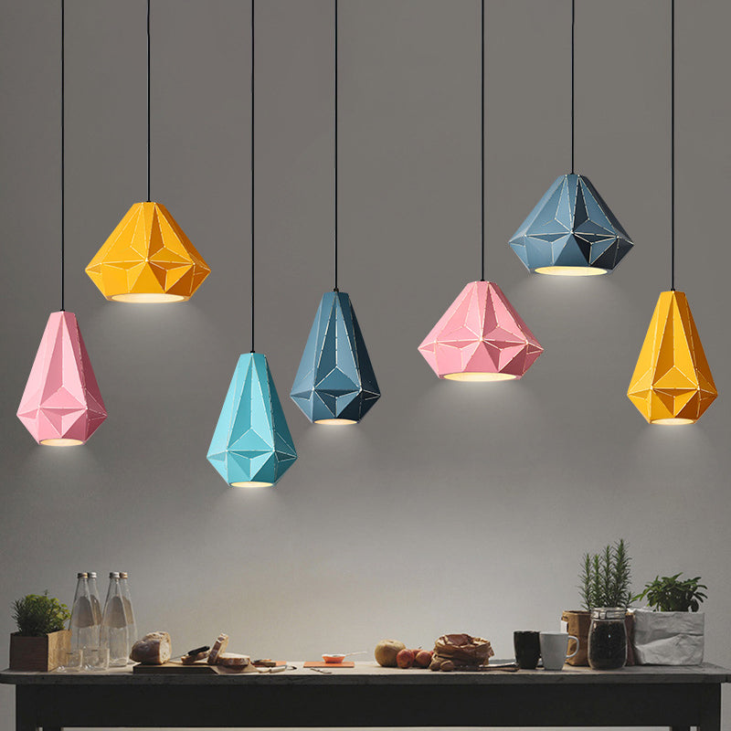 Taavita Origami Diamond Pendant Light Macaron Single Bulb Suspension Pendant Bright in Pink/Yellow/Dark Blue