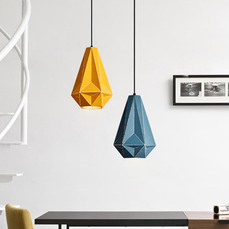 Taavita Origami Diamond Pendant Light Macaron Single Bulb Suspension Pendant Bright in Pink/Yellow/Dark Blue