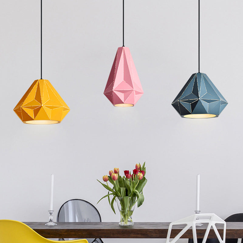 Taavita Origami Diamond Pendant Light Macaron Single Bulb Suspension Pendant Bright in Pink/Yellow/Dark Blue