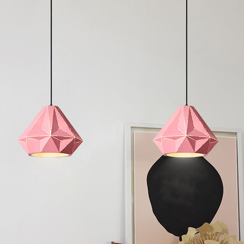 Taavita Origami Diamond Pendant Light Macaron Single Bulb Suspension Pendant Bright in Pink/Yellow/Dark Blue