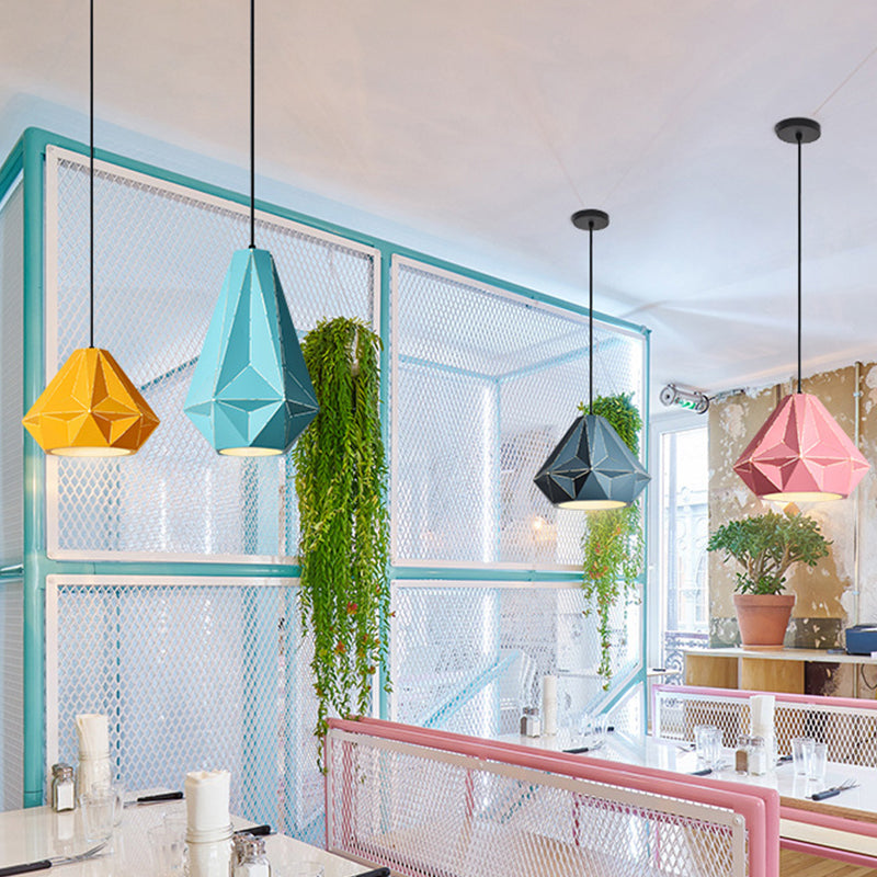 Iron Origami Diamond Pendulum Light Macaron Single-Bulb Suspension Pendant Light in Yellow/Dark Blue/Pink Clearhalo 'Ceiling Lights' 'Pendant Lights' 'Pendants' Lighting' 1911530