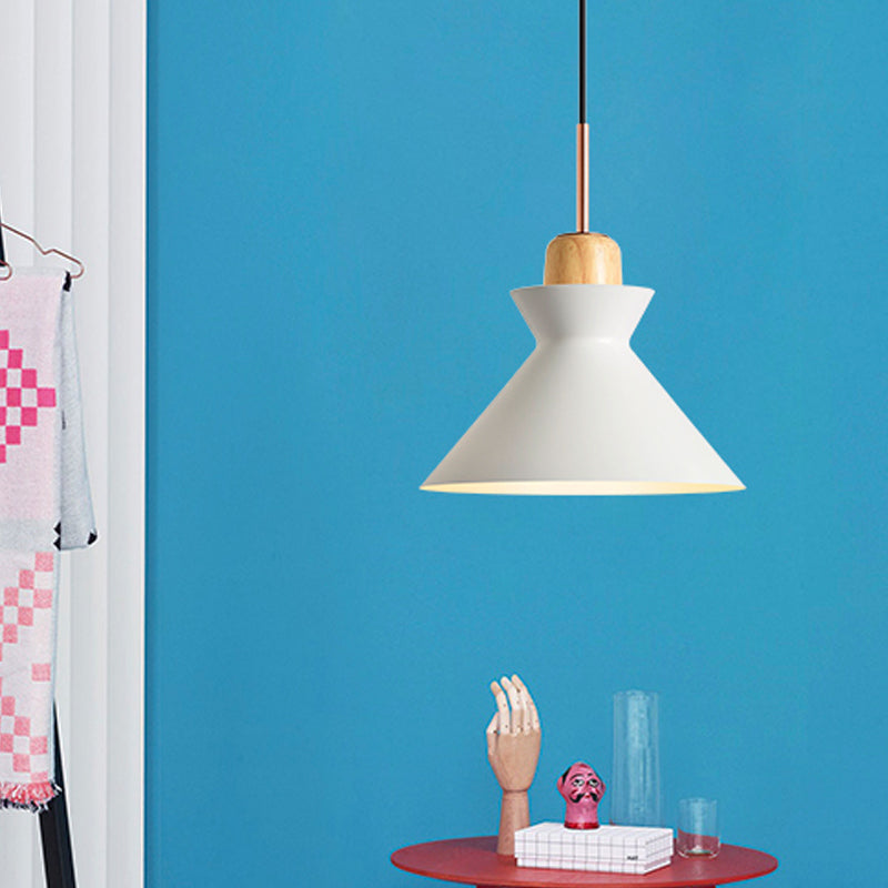 Macaron 1-Light Pendant Lamp Pink/White/Black Cone/Bowl/Bell Hanging Ceiling Light with Iron Shade and Wood Cork Clearhalo 'Ceiling Lights' 'Pendant Lights' 'Pendants' Lighting' 1912022