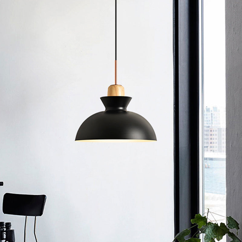 Macaron 1-Light Pendant Lamp Pink/White/Black Cone/Bowl/Bell Hanging Ceiling Light with Iron Shade and Wood Cork Clearhalo 'Ceiling Lights' 'Pendant Lights' 'Pendants' Lighting' 1912013