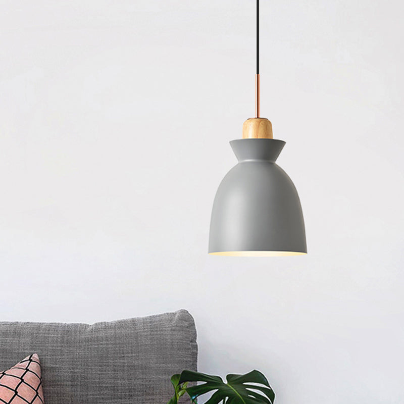 Macaron 1-Light Pendant Lamp Pink/White/Black Cone/Bowl/Bell Hanging Ceiling Light with Iron Shade and Wood Cork Clearhalo 'Ceiling Lights' 'Pendant Lights' 'Pendants' Lighting' 1912014