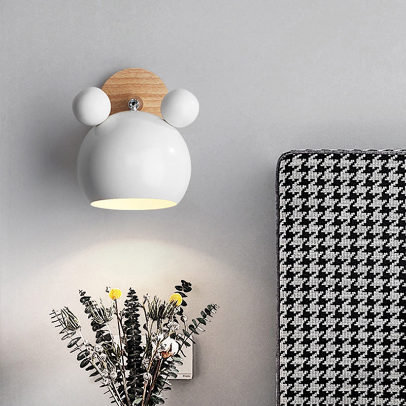 Bear/Bell Rotating Wall Mounted Lamp Macaron Iron 1-Head Bedside Reading Wall Light in White/Pink/Green and Wood Clearhalo 'Wall Lamps & Sconces' 'Wall Lights' Lighting' 1912218