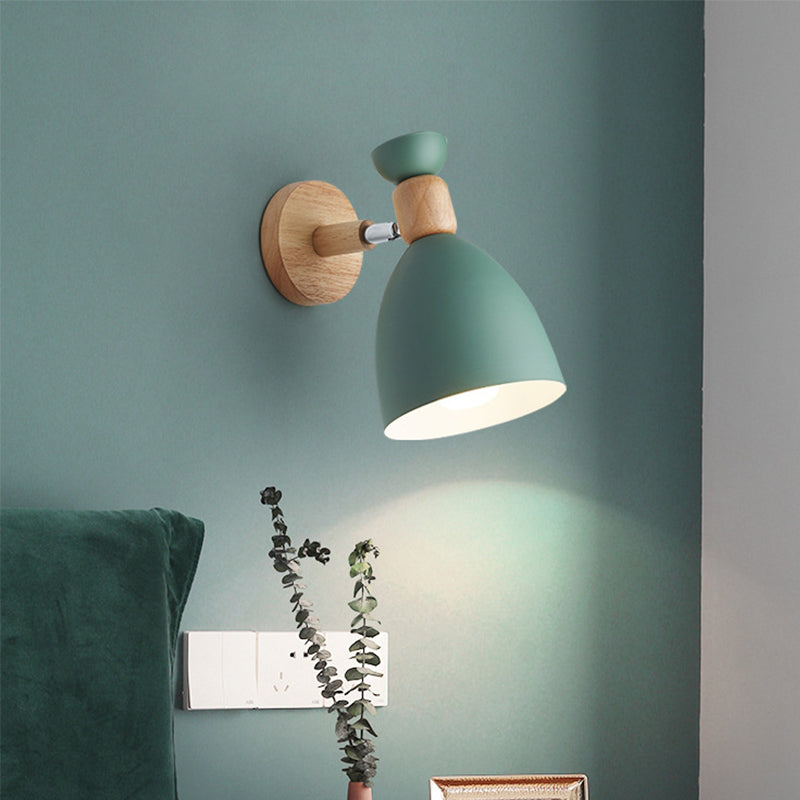 Bear/Bell Rotating Wall Mounted Lamp Macaron Iron 1-Head Bedside Reading Wall Light in White/Pink/Green and Wood Clearhalo 'Wall Lamps & Sconces' 'Wall Lights' Lighting' 1912232