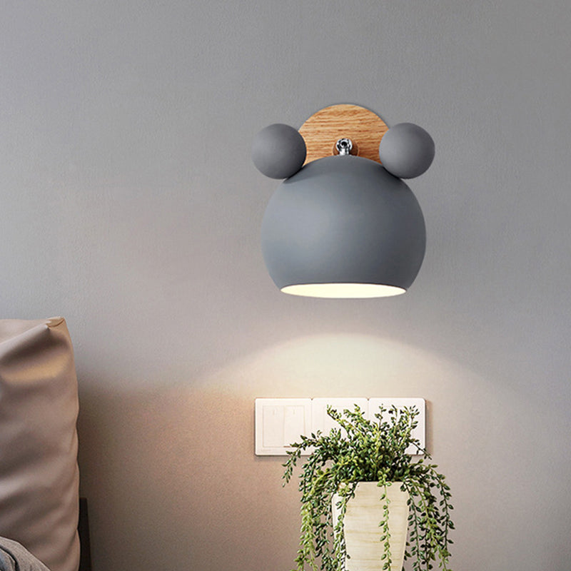 Bear/Bell Rotating Wall Mounted Lamp Macaron Iron 1-Head Bedside Reading Wall Light in White/Pink/Green and Wood Clearhalo 'Wall Lamps & Sconces' 'Wall Lights' Lighting' 1912221