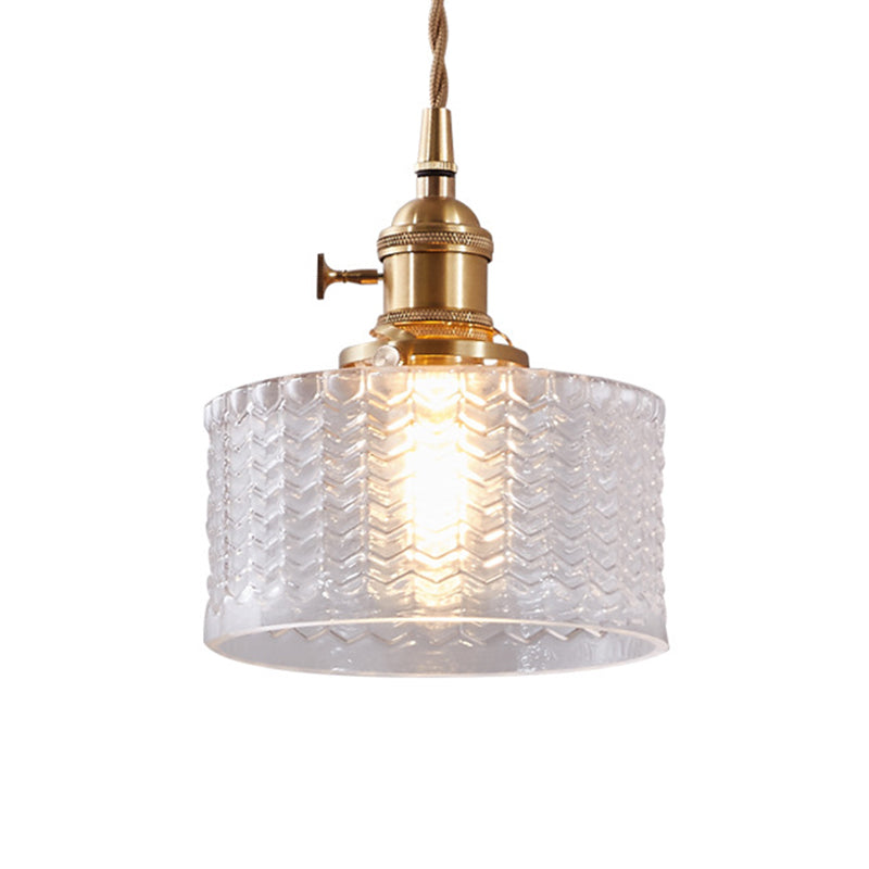 Taavita Retro Short Cylinder Pendant Light 1 Head Clear/Green Wavy Glass Ceiling Lamp with Brass Switch