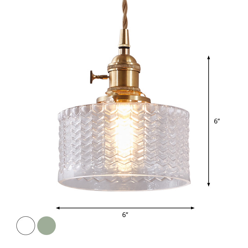 Taavita Retro Short Cylinder Pendant Light 1 Head Clear/Green Wavy Glass Ceiling Lamp with Brass Switch