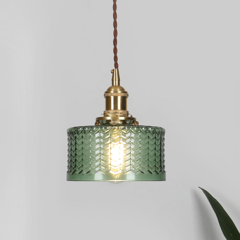 Retro Short Cylinder Pendant Lighting 1 Head Clear/Green Wavy Glass Ceiling Hang Lamp with Rotary Switch in Brass Clear Clearhalo 'Ceiling Lights' 'Glass shade' 'Glass' 'Industrial Pendants' 'Industrial' 'Middle Century Pendants' 'Pendant Lights' 'Pendants' 'Tiffany' Lighting' 1918311