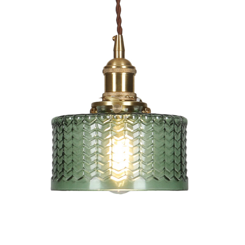 Taavita Retro Short Cylinder Pendant Light 1 Head Clear/Green Wavy Glass Ceiling Lamp with Brass Switch