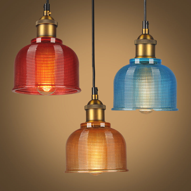 Taavita Retro Style Carillon Pendant Light 1-Light Red/Orange/Blue Grid Glass Suspension Lighting for Dining Room