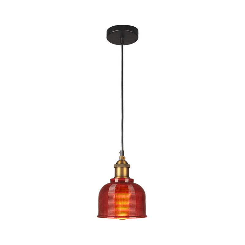 Taavita Retro Style Carillon Pendant Light 1-Light Red/Orange/Blue Grid Glass Suspension Lighting for Dining Room