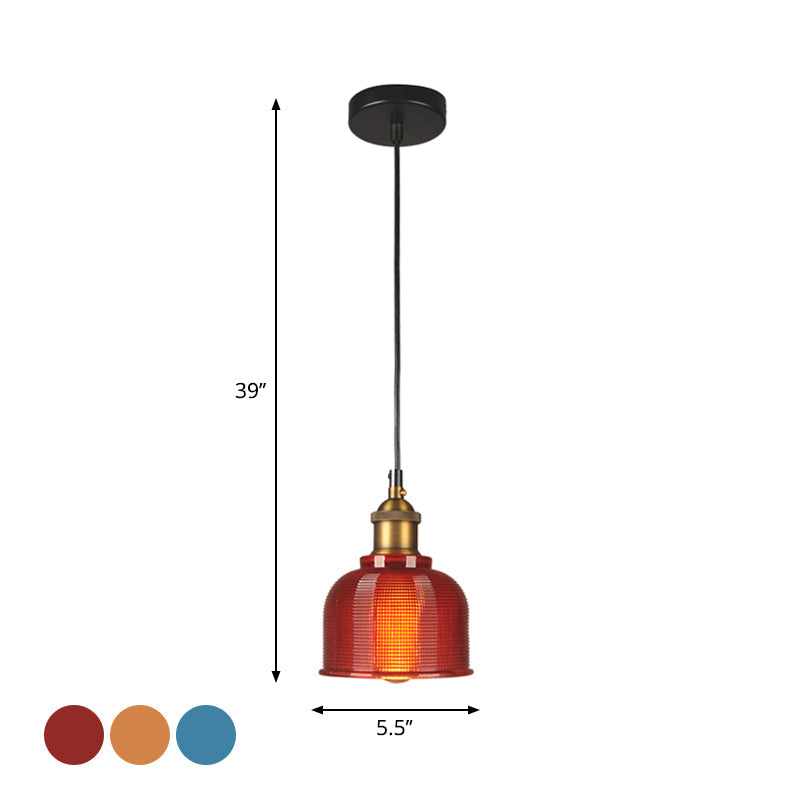 Taavita Retro Style Carillon Pendant Light 1-Light Red/Orange/Blue Grid Glass Suspension Lighting for Dining Room