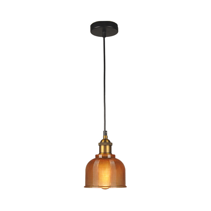 Retro Style Carillon Pendant Light 1-Light Red/Orange/Blue Gridded Glass Suspension Lighting for Dining Room Red Clearhalo 'Ceiling Lights' 'Glass shade' 'Glass' 'Industrial Pendants' 'Industrial' 'Middle Century Pendants' 'Pendant Lights' 'Pendants' 'Tiffany' Lighting' 1918526