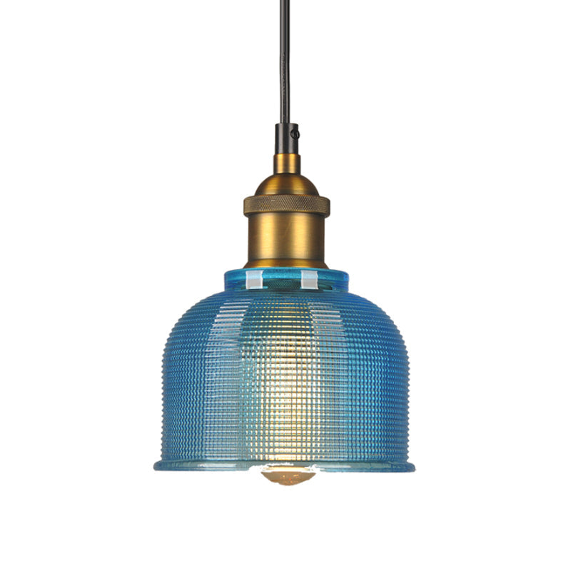 Retro Style Carillon Pendant Light 1-Light Red/Orange/Blue Gridded Glass Suspension Lighting for Dining Room Clearhalo 'Ceiling Lights' 'Glass shade' 'Glass' 'Industrial Pendants' 'Industrial' 'Middle Century Pendants' 'Pendant Lights' 'Pendants' 'Tiffany' Lighting' 1918528