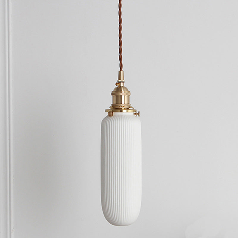 Rustic Ribbed Capsule/Ellipse Drop Pendant Single Bulb Ceramics Ceiling Hang Light in White and Brass White C Clearhalo 'Art Deco Pendants' 'Cast Iron' 'Ceiling Lights' 'Ceramic' 'Crystal' 'Industrial Pendants' 'Industrial' 'Metal' 'Middle Century Pendants' 'Pendant Lights' 'Pendants' 'Tiffany' Lighting' 1918620